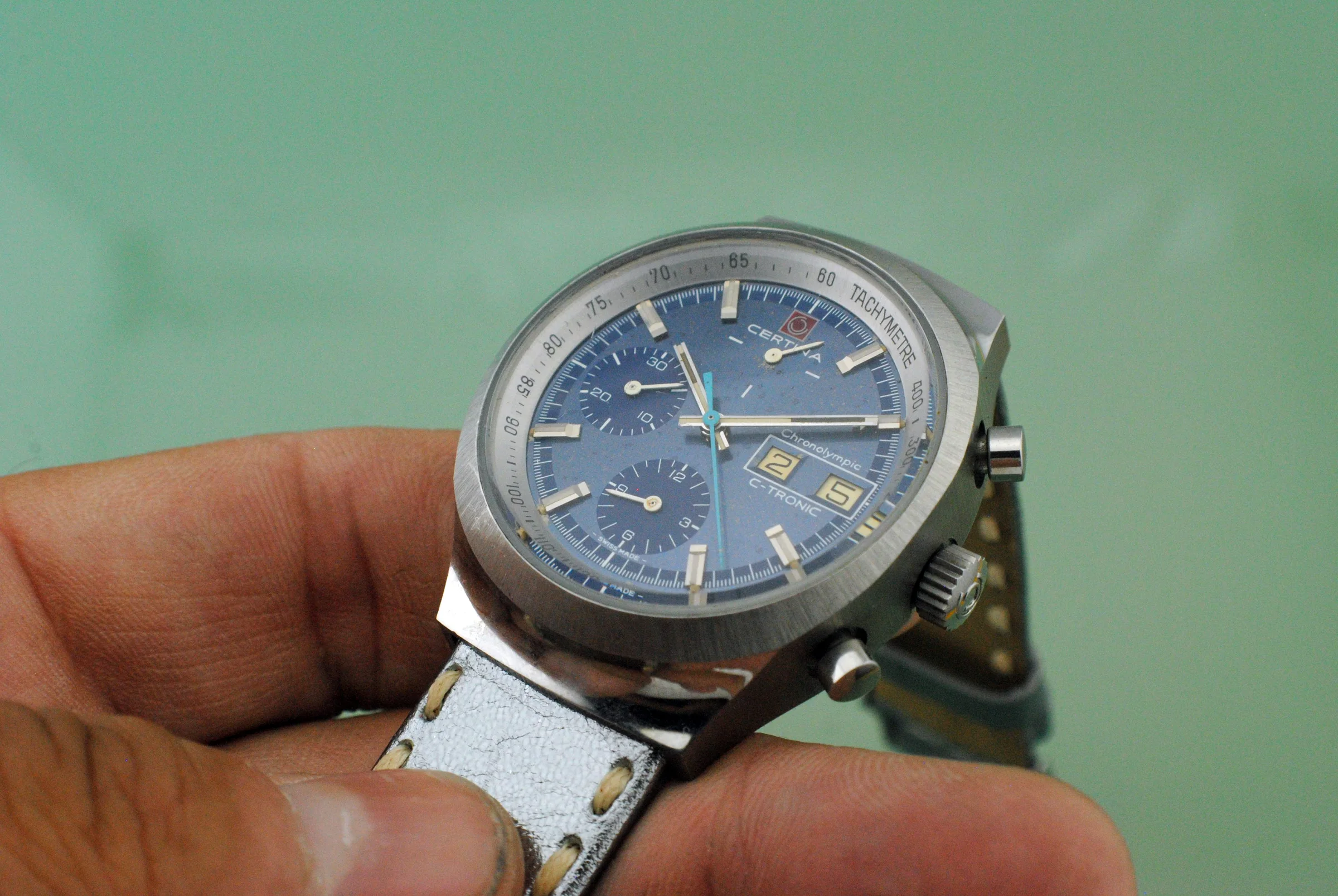 Rear view of the sold Certina C-Tronic Chronolympic showing its solid caseback and stitched leather strap