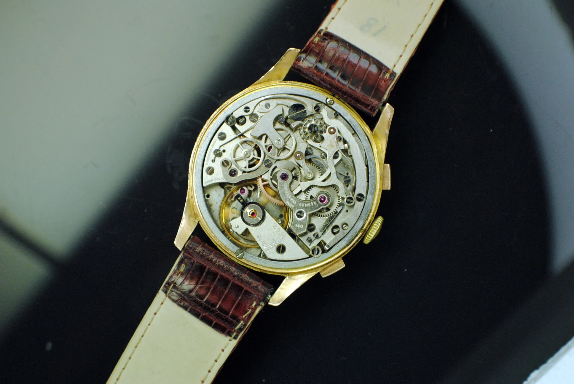 Exposed manual-winding chronograph movement of the sold Universal Genève Medico-Compax identified by the owner as Valjoux 22 base