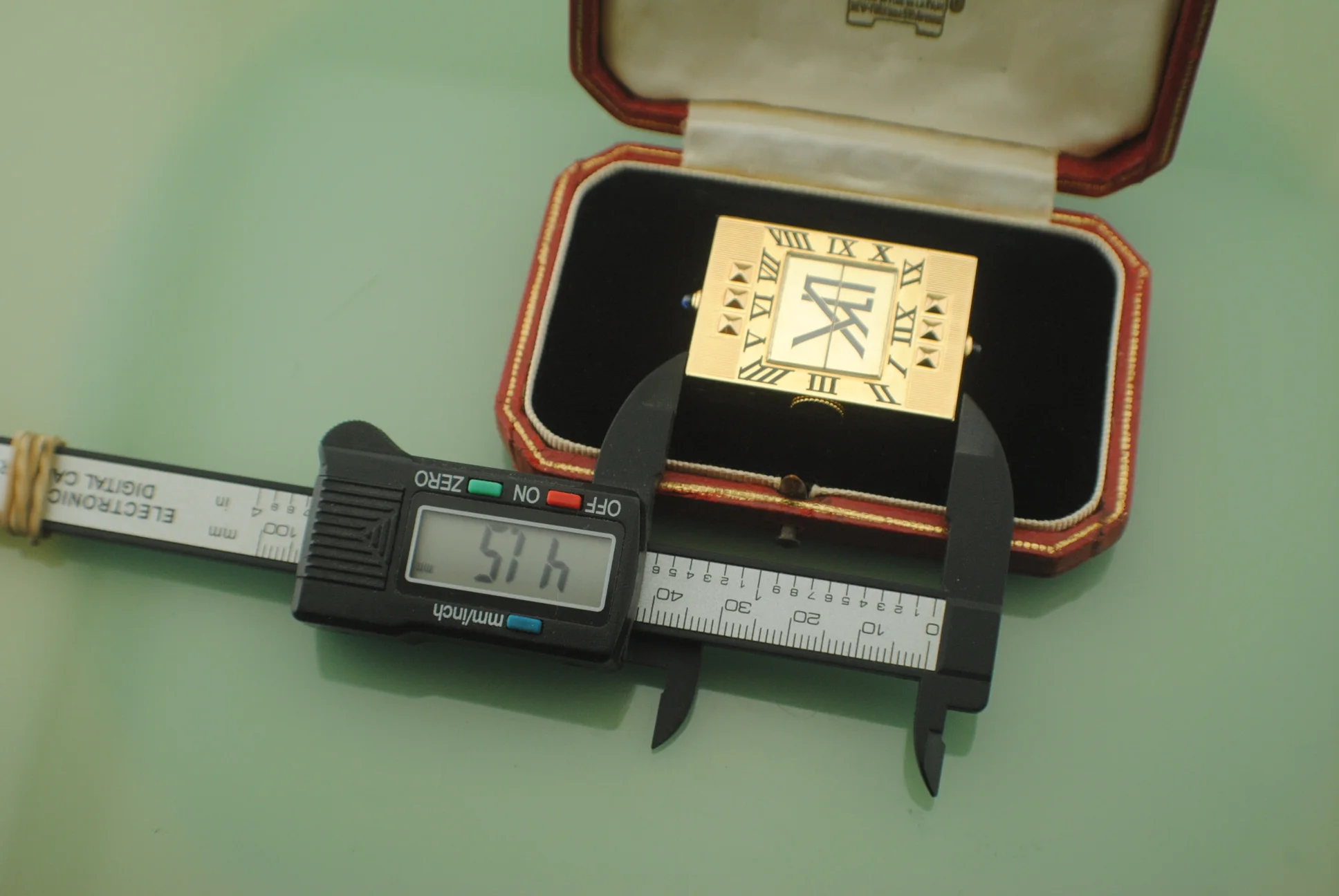 Caliper photograph documenting the second dimension of the Cartier Guillotine watch