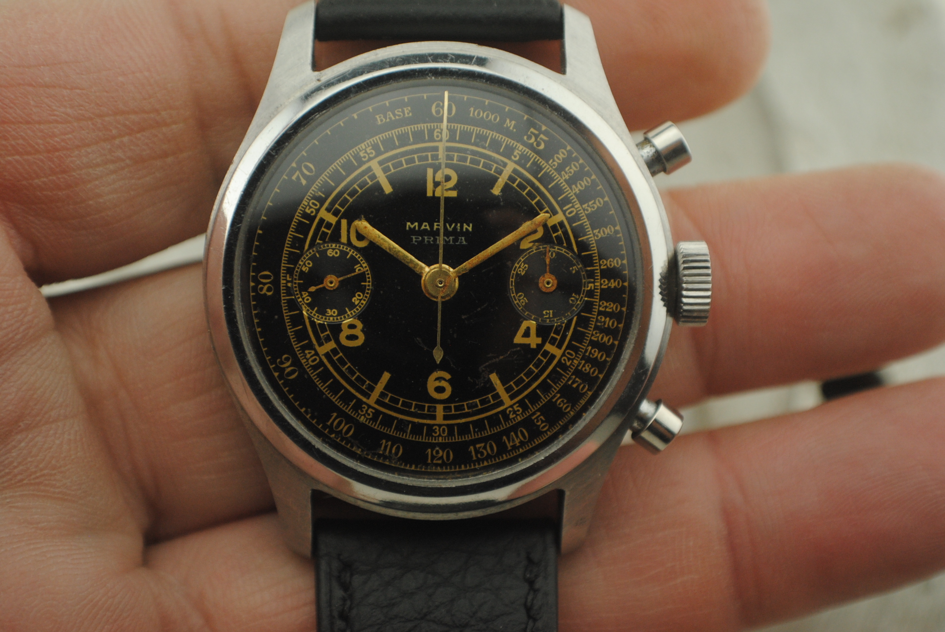 Profile of the Marvin stainless-steel chronograph case and screw-down caseback